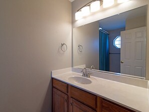 Jetted tub, hair dryer, towels, soap