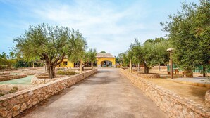 A courtyard with a central building, stone pathways, and trees. - Beautiful home in Pozo de los Palos (Pozo de los Palos)