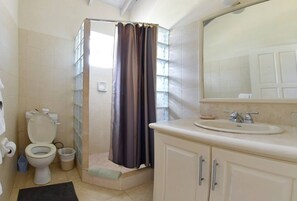 A bathroom with a toilet, sink, and shower curtain.