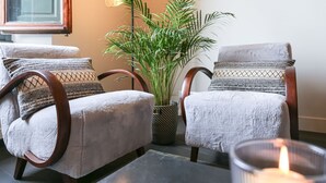 Dos sillones con reposabrazos trenzados, una planta en maceta y una vela encendida sobre una mesa.