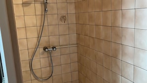 A small, tiled shower area with a handheld showerhead and a handheld shower attachment. - Gite le Saint André (Villers-sur-Port)