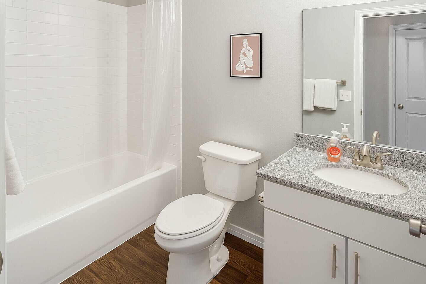 Hair dryer, towels, soap, shampoo