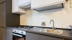Cozinha moderna com fogão a gás, pia de aço inoxidável e forno embutido.
