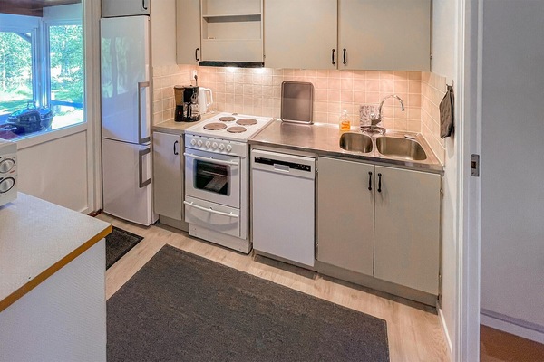 Fridge, stovetop, dishwasher, coffee/tea maker