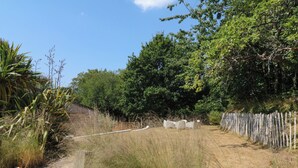 A wooden deck leading to a fenced area with a grassy path and trees in the background. - Burrows (Ottery St Mary)