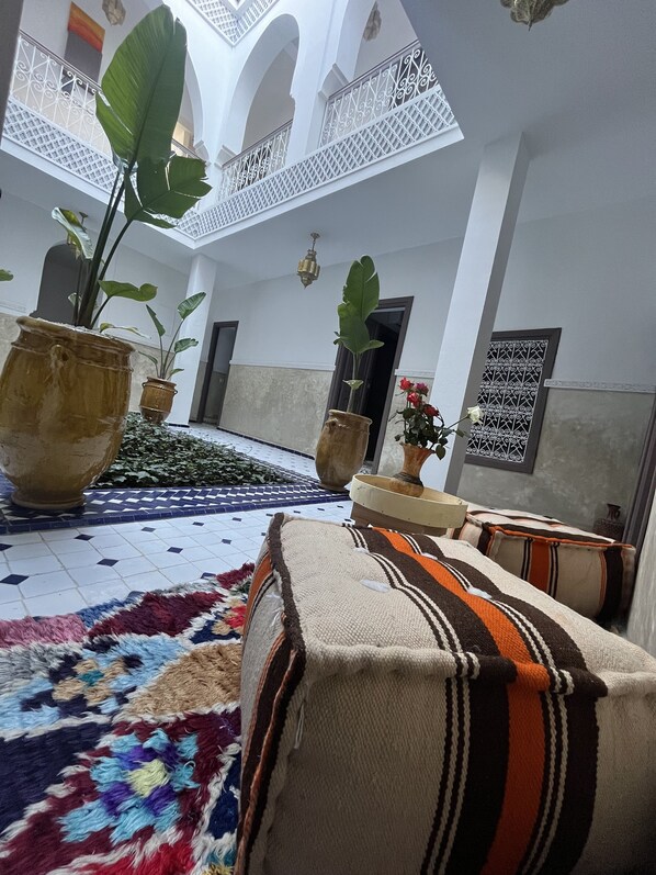 A spacious courtyard with a tiled floor, large potted plants, and a colorful rug.