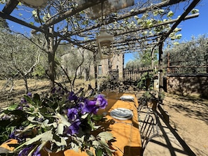 Outdoor dining - Nice apartment in villa for 4 people with WIFI and pets allowed, close to Lucca (Loppeglia-fiano)