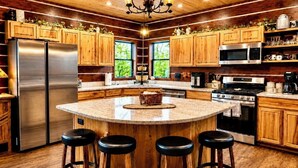 Une cuisine moderne avec des meubles en bois, des appareils électroménagers en acier inoxydable, un îlot central avec des tabourets et un lustre.