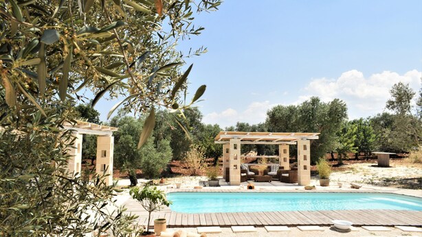 Un espace piscine agrémenté d’une pergola, de sièges et d’un petit arbre.