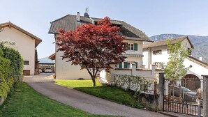 A residential street with houses, a tree with red leaves, and a paved driveway. - Apartment 'Kreutnerbinderhof' with Mountain View, Private Terrace and Wi-Fi (Terlano)