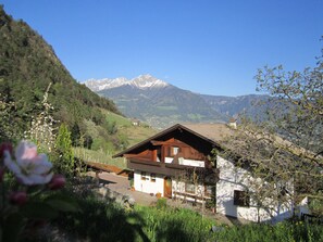 A mountain cabin with a wooden roof, surrounded by lush greenery and a view of snow-capped mountains.