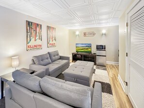 Smart TV, fireplace, DVD player, books