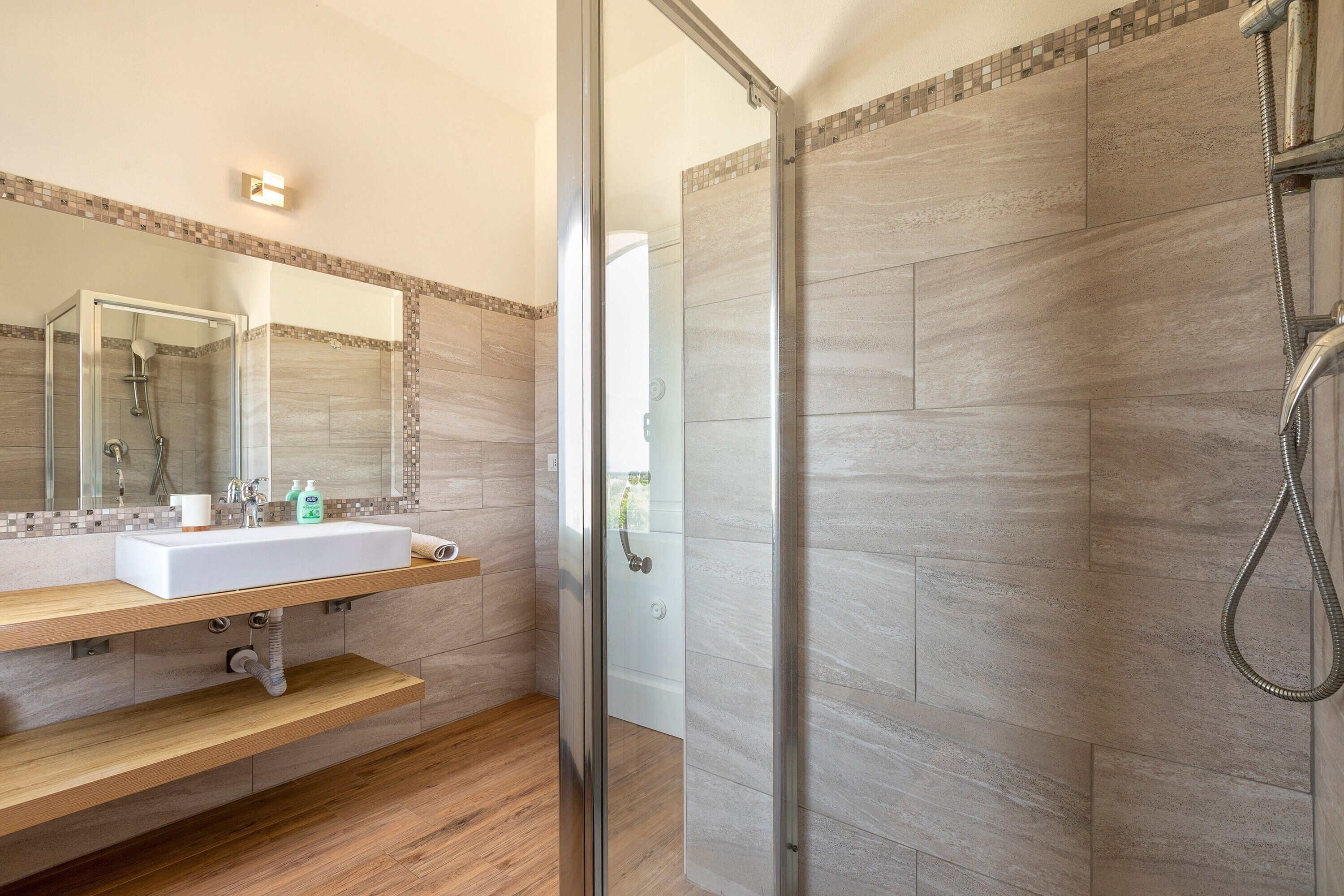 Shower, hair dryer, towels