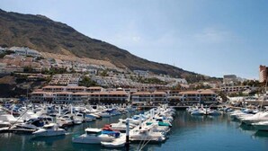 Un puerto deportivo con numerosos barcos amarrados, una colina con edificios y un cielo despejado.