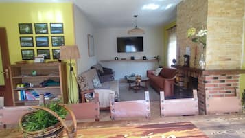 Een televisie, een open haard en een stereo