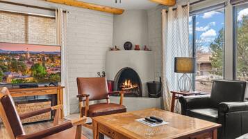 TV connectée, cheminée, lecteur de DVD, livres