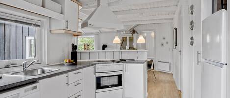 Fridge, stovetop, dishwasher, coffee/tea maker