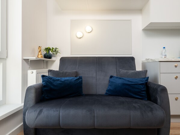 A grey sofa with blue cushions, a radiator, a shelf with a plant and a chess piece, and a wall-mounted light fixture.