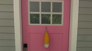 A pink door with a small window and a yellow mailbox.