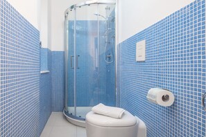 Shower, hair dryer, bidet, towels
