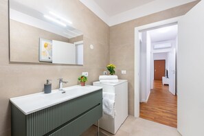 Shower, hair dryer, bidet, towels