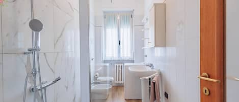 Shower, hair dryer, bidet, towels