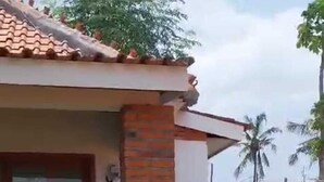 A residential building with a tiled roof, a brick column, and a wooden staircase leading to a gated entrance. - Keramas House (Gianyar)