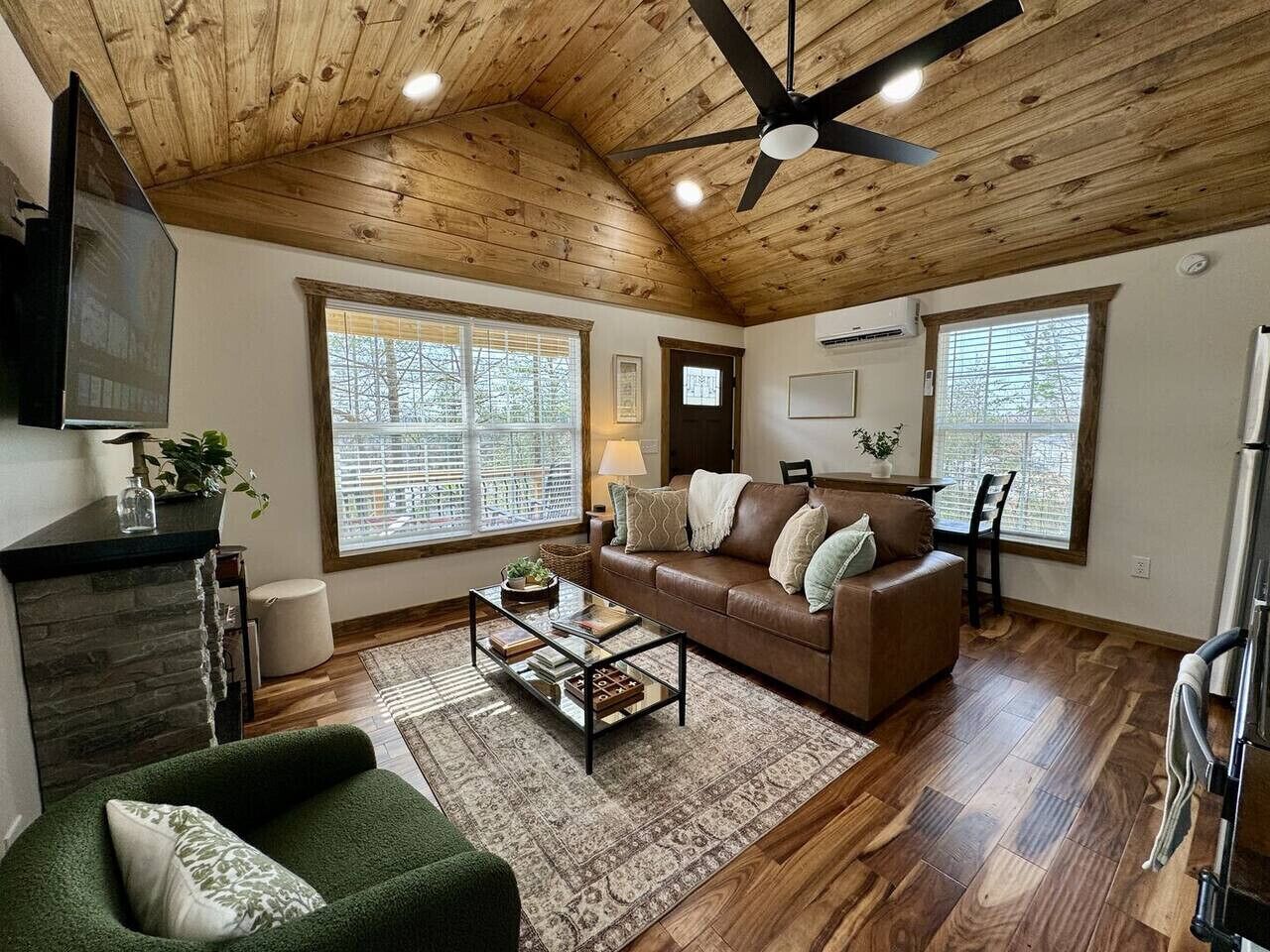 TV connectée, cheminée, livres, médiathèque