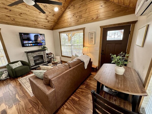 Smart TV, chimenea, libros y biblioteca musical