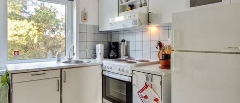 Fridge, microwave, oven, cookware/dishes/utensils