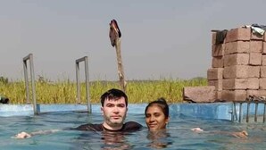 Una piscina con agua cristalina, una palmera y una estructura de piedra al fondo.