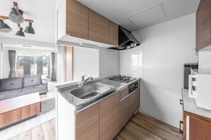 Basic Apartment | Private kitchen | Full-size fridge, microwave, stovetop, electric kettle
