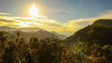 A mountainous landscape with dense vegetation and a clear sky.