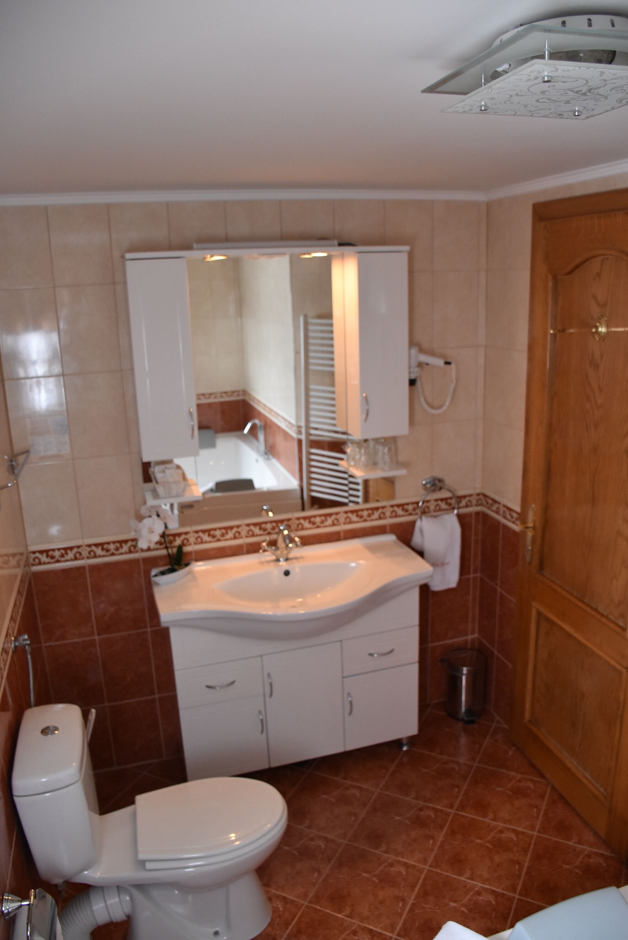 A bathroom with a white toilet, a sink, and a mirror above the sink. There is a door to the right and a trash can near the sink.