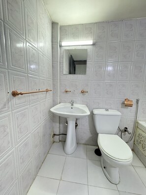 Bathroom features a pedestal sink, toilet, and showerhead.