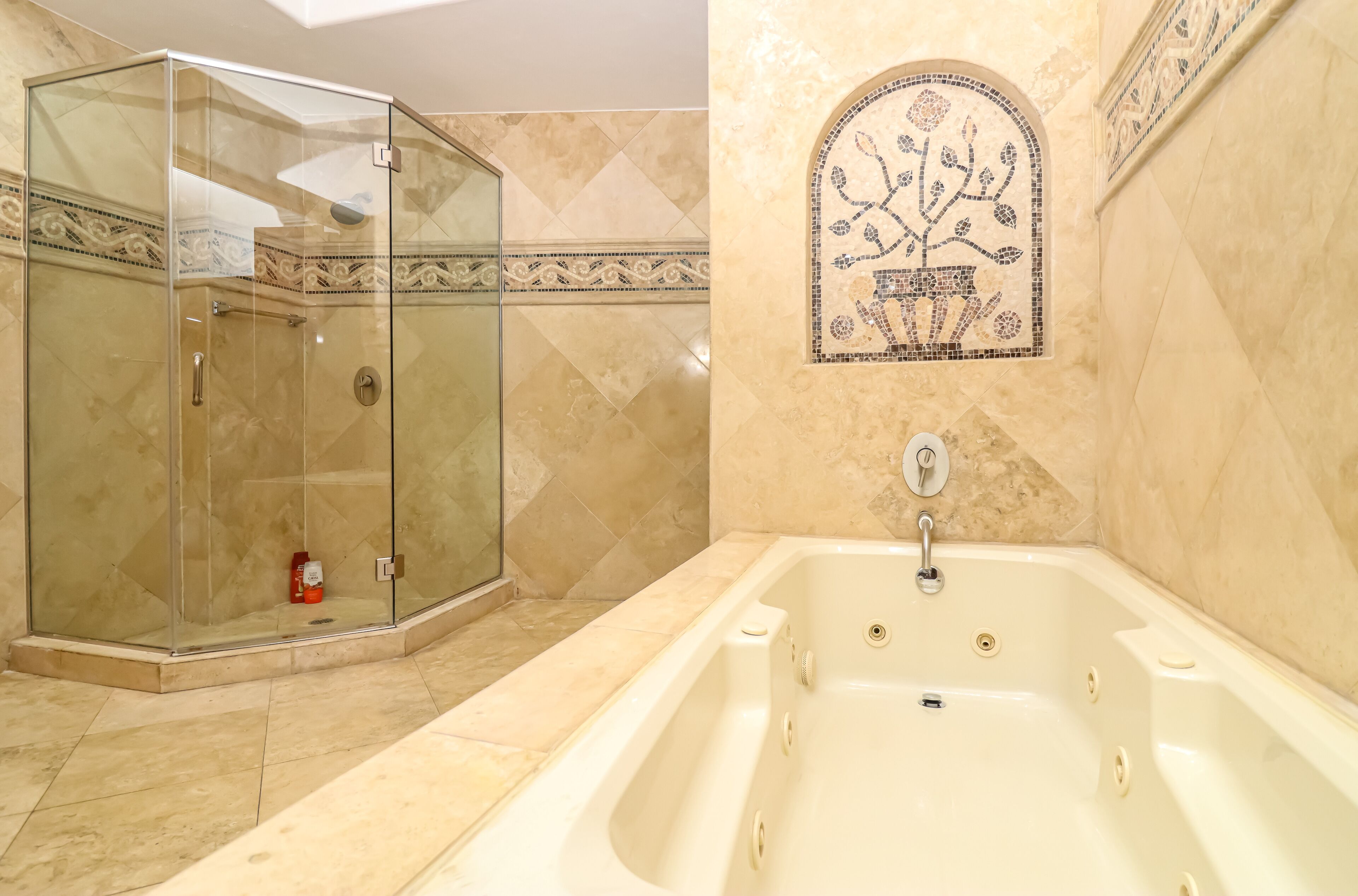 A bathroom with a glass-enclosed shower, a large bathtub, and a decorative tile wall.