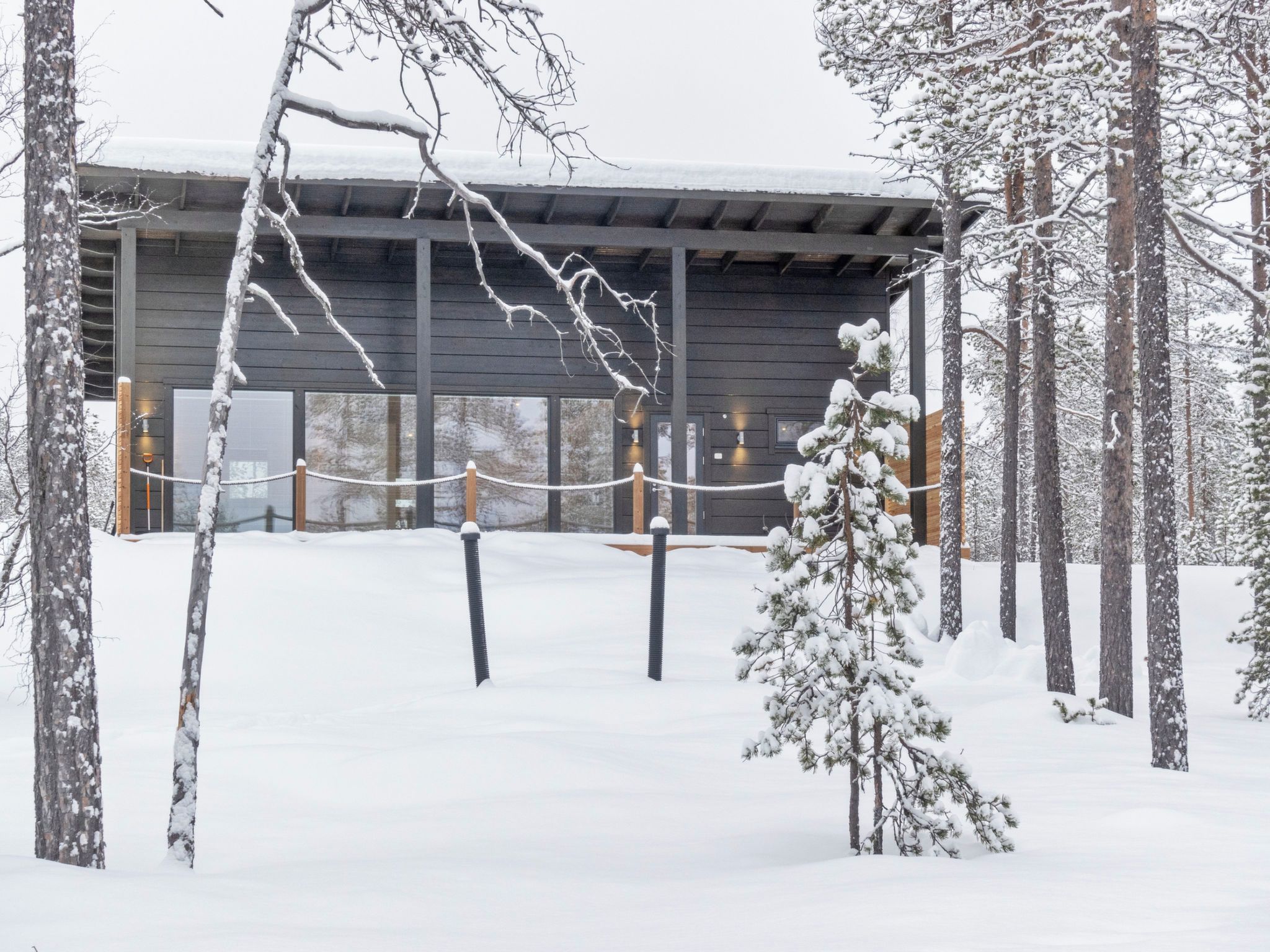 A snow-covered building with a modern design, surrounded by trees.