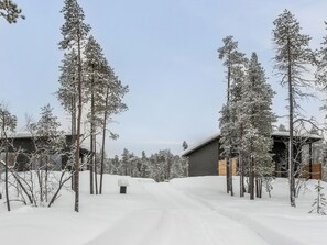 A snow-covered landscape with multiple cabins and tall pine trees.