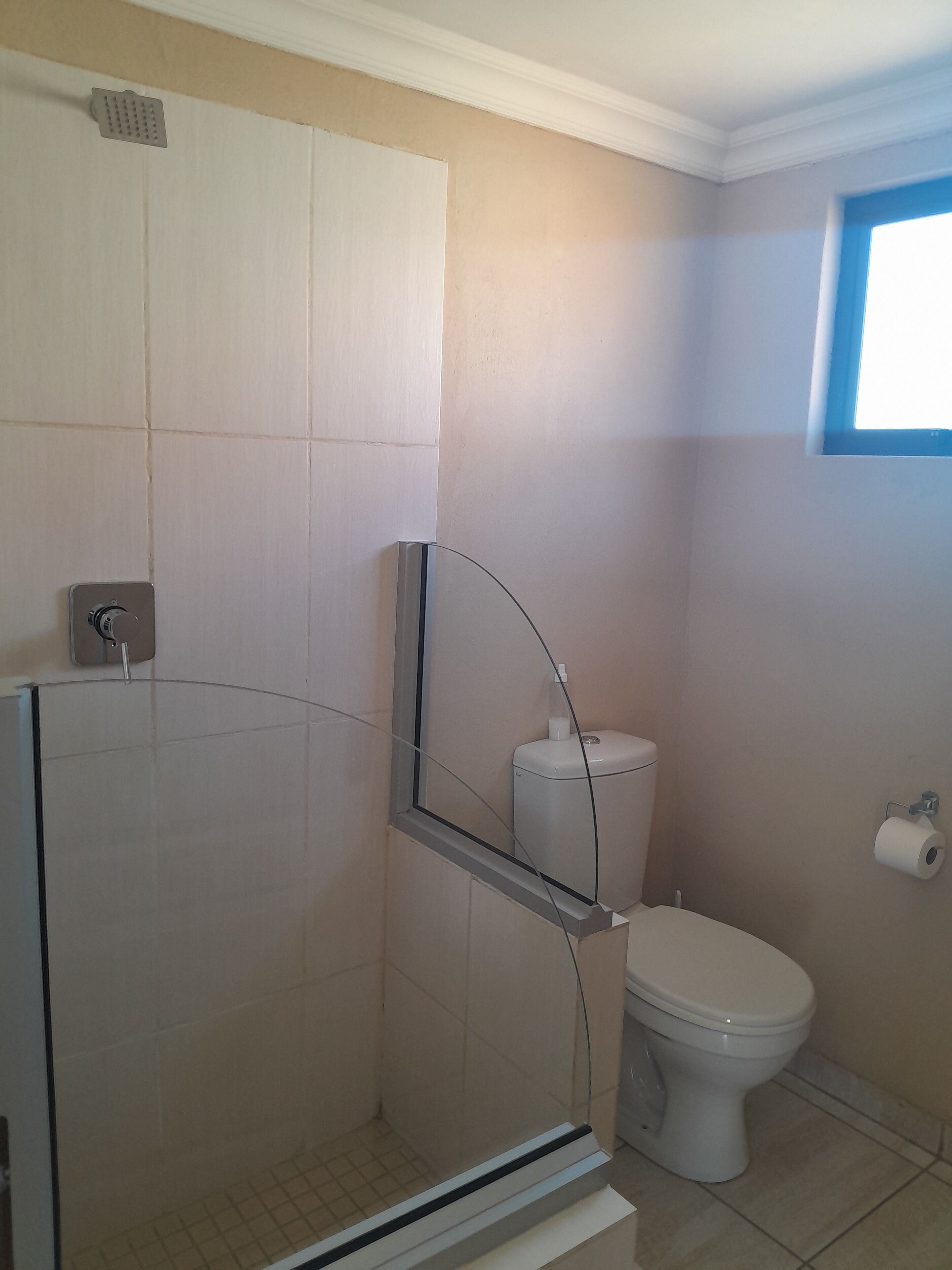 Une salle de bain avec une douche à parois de verre, des toilettes et une fenêtre.