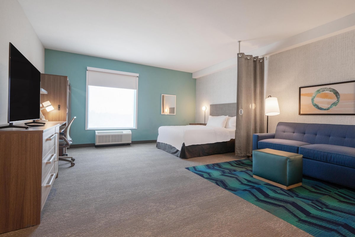 Una habitación de hotel con cama, escritorio con televisor, sofá y alfombra estampada.