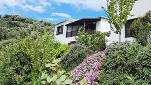 Ein modernes, zweistöckiges Haus mit Balkon, umgeben von üppiger Vegetation und blühenden Pflanzen.