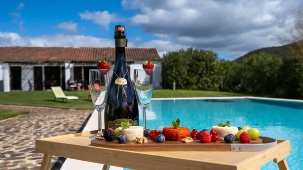 A wooden table with a bottle of champagne, two glasses, and a variety of fruits and nuts.