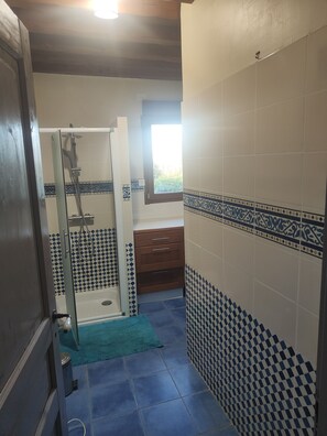 Shower, hair dryer, soap, toilet paper