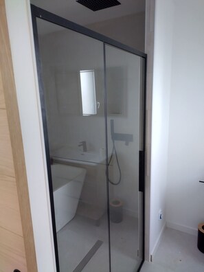 シャワー、ヘアドライヤー、タオル、トイレットペーパー