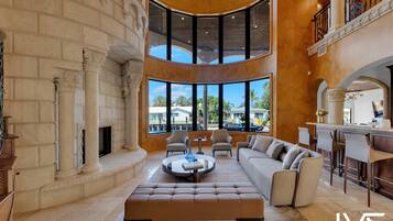 TV, fireplace, books, stereo