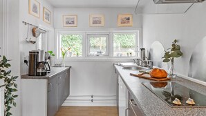 Una cocina moderna con horno integrado, cafetera y pileta. Hay tres ventanas que brindan luz natural, y una planta sobre la encimera.
