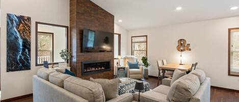 Smart TV, fireplace, books