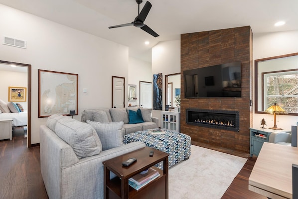 Smart TV, fireplace, books