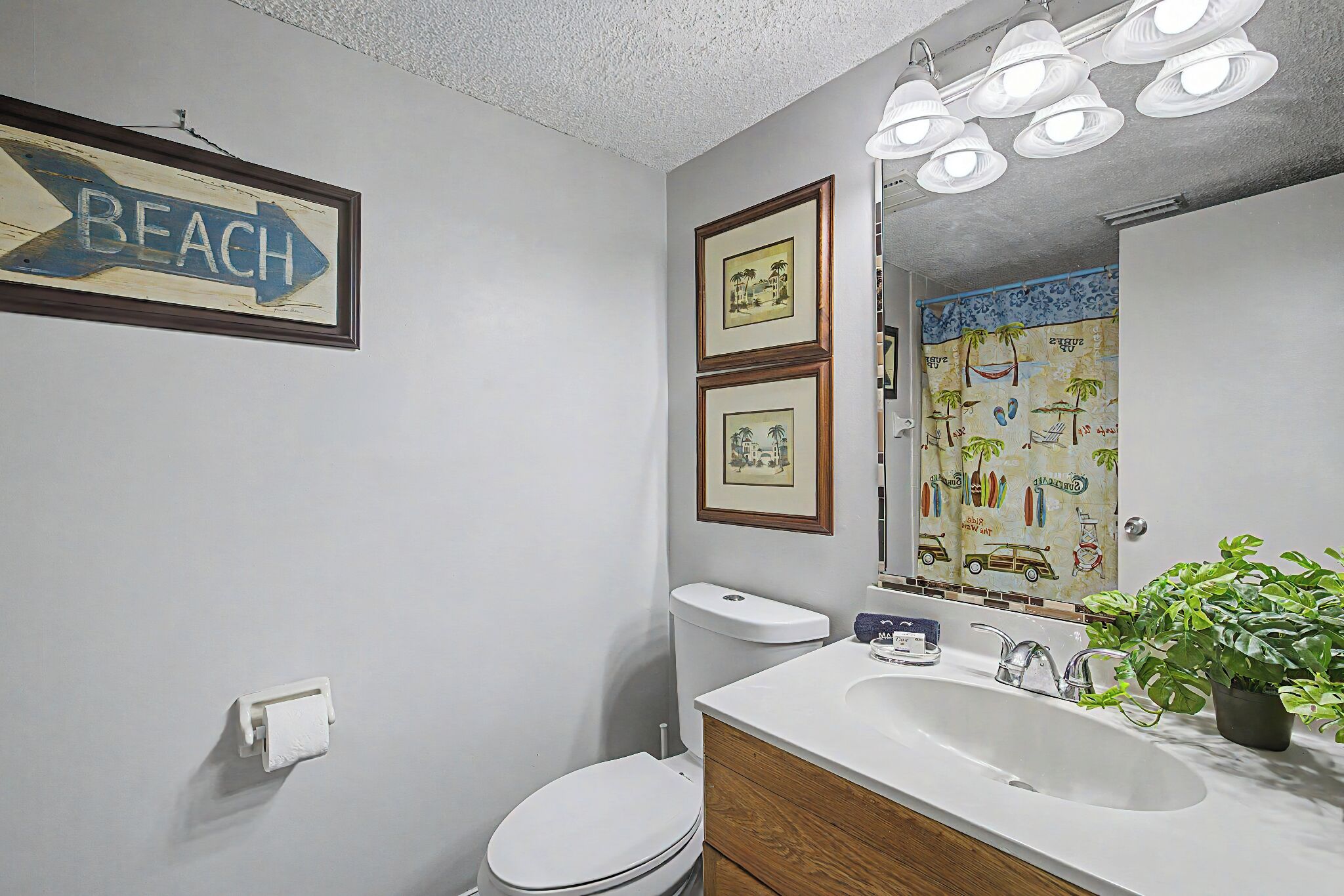 A bathroom with a white sink, a toilet, a mirror with a beach-themed shower curtain, and a framed beach sign.