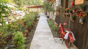 A narrow paved pathway flanked by potted plants and a bicycle, leading to a building with a wooden facade and hanging flower pots. - YAVUZ MOTEL ADRASAN (Kumluca)